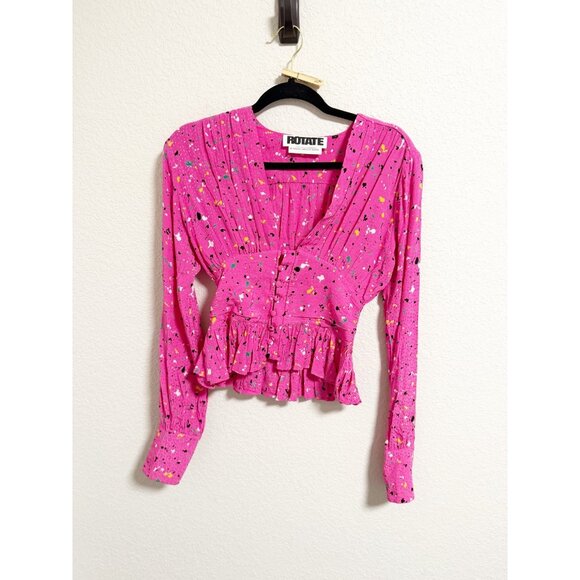 Rotate Birger Christensen Tracy Paint Splash Print Blouse Ruffle Hem Pink Size 2 - Picture 2 of 8